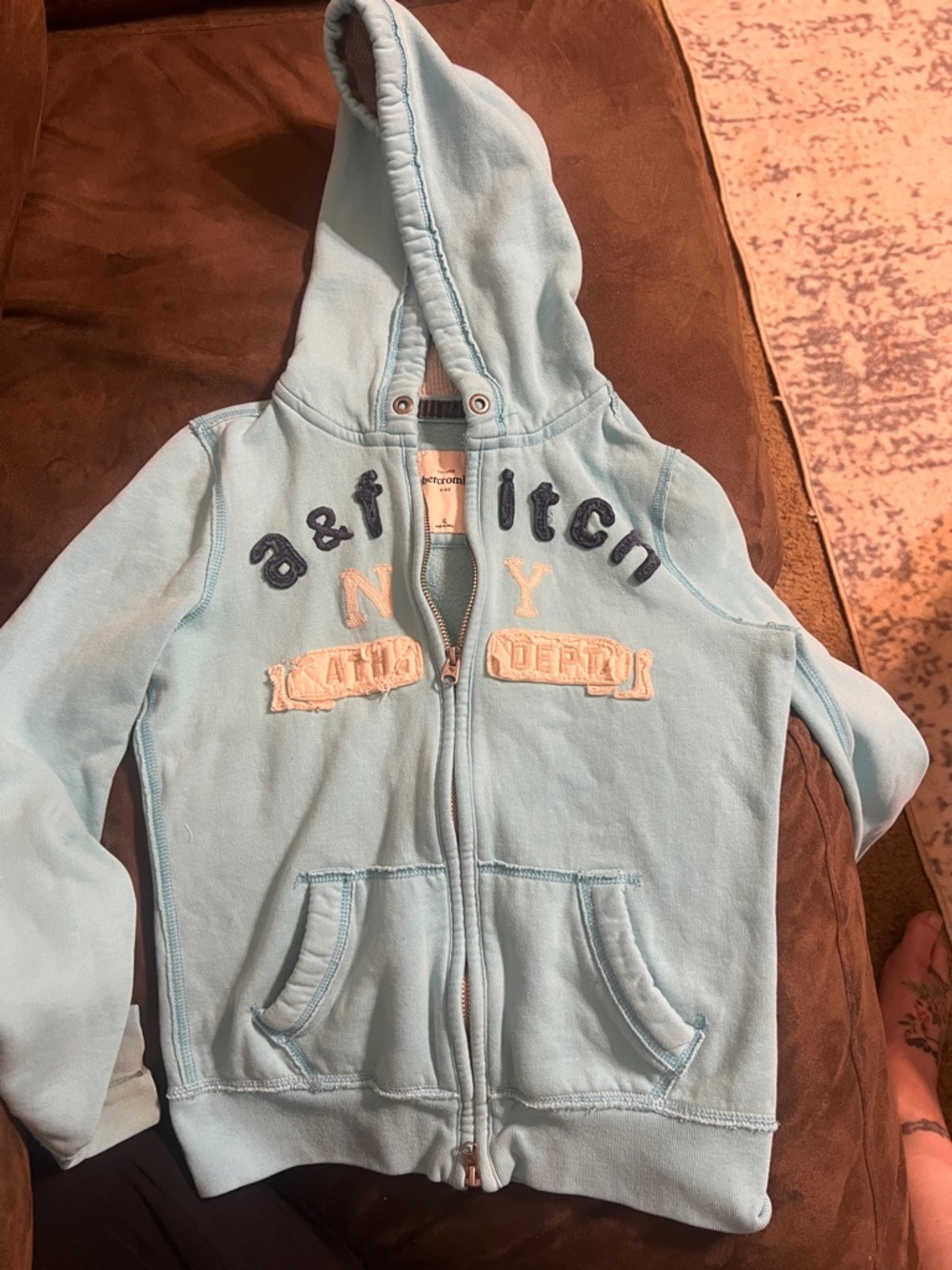 abercrombie kids light blue zip hoodie with navy and cream accents